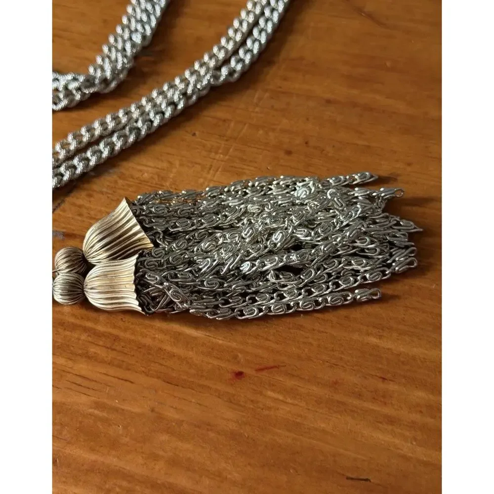 Vintage Style Chain Belt Tassel Waist Belt Silver Tone Boho Festival Statement